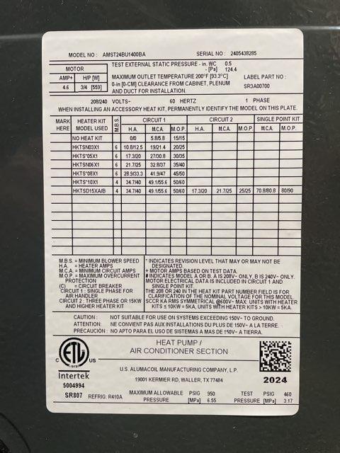 2 Ton AC/HP ECM Multiposition Air Handler 208-230/60/1 R-410A CFM 1215