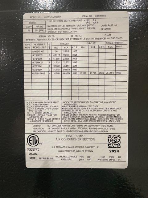 2.5 Ton AC/HP ECM Multiposition Air Handler 208-230/60/1 R-410A CFM 1185