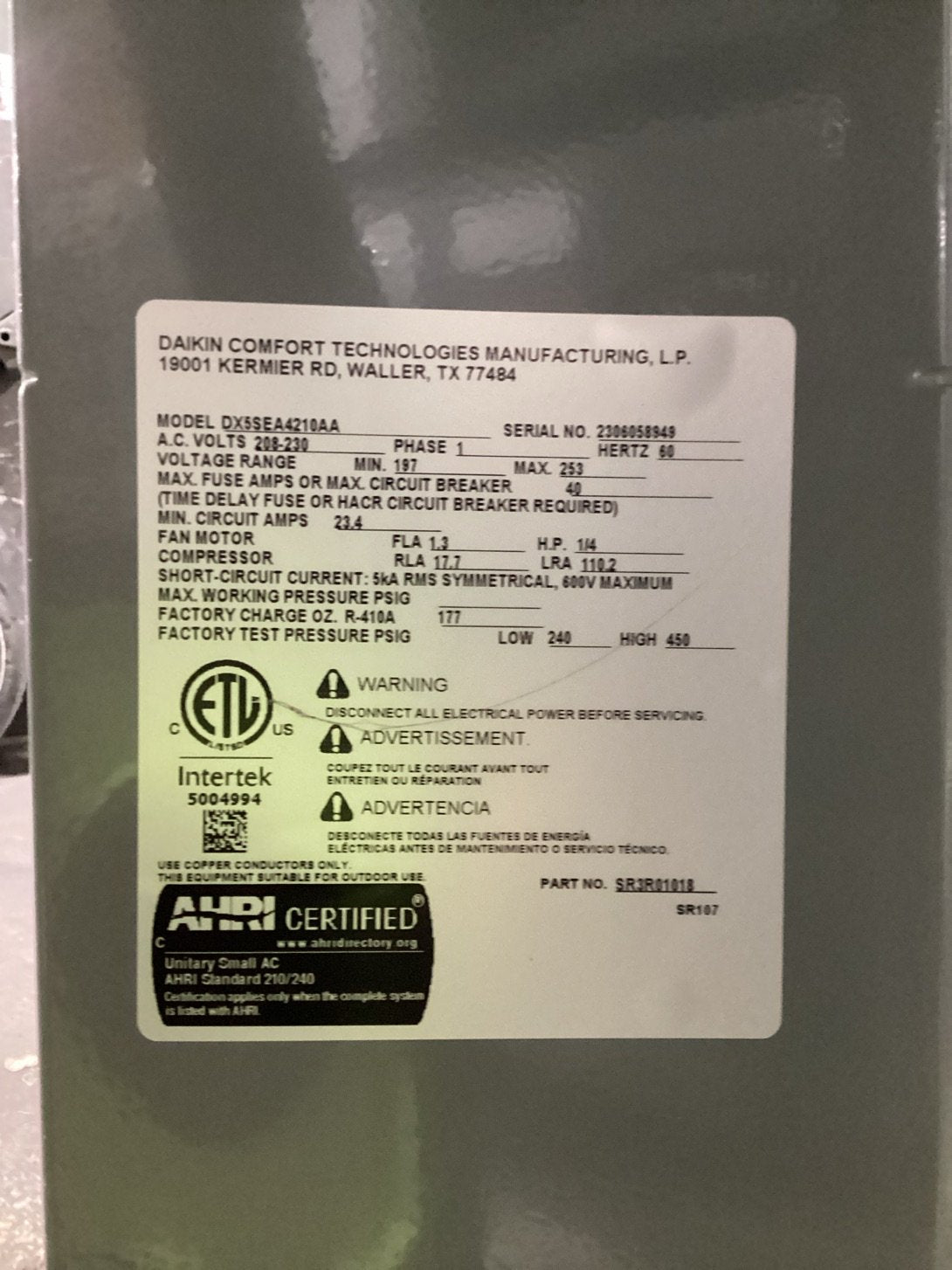 3.5 Ton Single-Stage Split-System Air Conditioner 208-230/60/1 R410A 14.3 SEER2