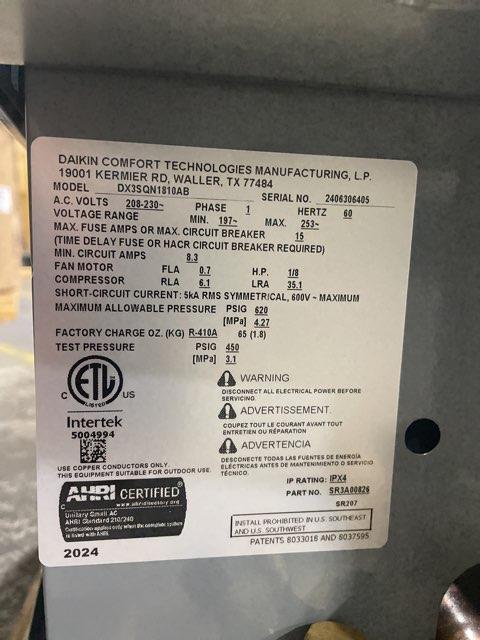 1.5 Ton Single-Stage Split-System Air Conditioner 208-230/60/1 R410A 13.4 SEER2