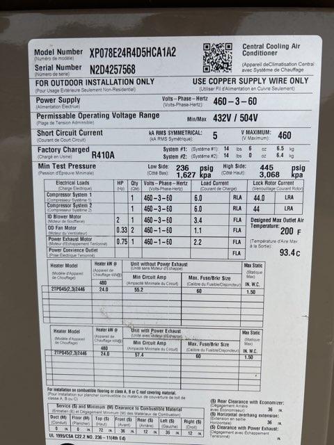 6.5 Ton Two-Stage Convertible Packaged Heat Pump Unit W/24 Kw Heat, 12 EER, 460/60/3, R410A