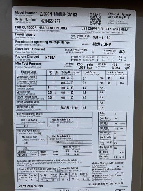 7.5 Ton Two-Stage Convertible Natural Gas/Electric Packaged Unit, 12 EER, 460/60/3, R410A