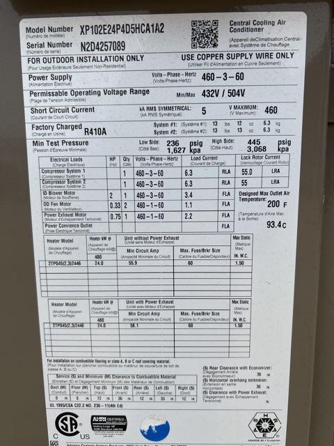 8.5 Ton Two-Stage Convertible Packaged Heat Pump Unit W/24 Kw Heat, 11.2 EER, 460/60/3, R410A