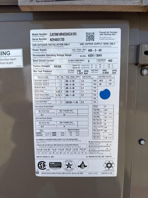 6.5 Ton Two-Stage Convertible Natural Gas/Electric Packaged Unit, 14.8 EER, 460/60/3, R410A