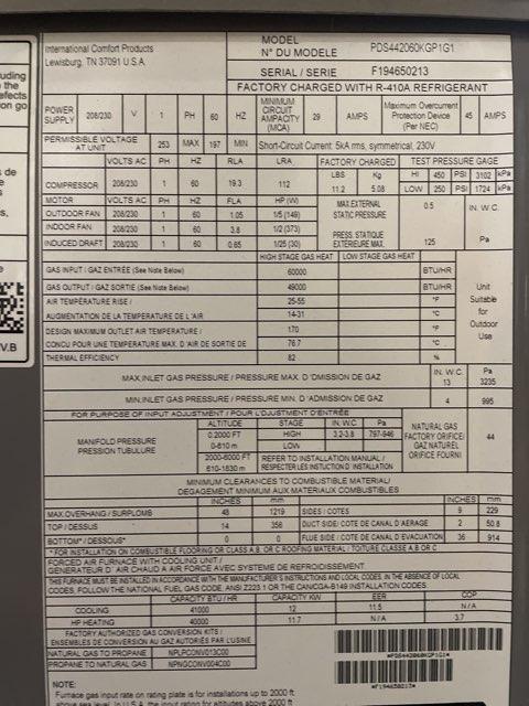 3.5 Ton 1-Stg Convertible ECM Low Nox Dual Fuel HP Packaged Unit 80.4% 14.5 SEER 208-230/60/1, R410A
