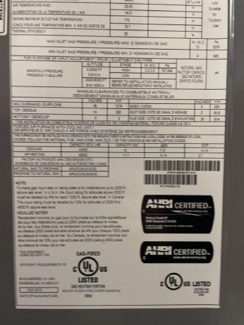 3.5 Ton 1-Stg Convertible ECM Low Nox Dual Fuel HP Packaged Unit 80.4% 14.5 SEER 208-230/60/1, R410A