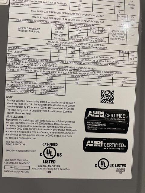 5 Ton 1-Stg Convertible ECM Low Nox Dual Fuel HP Packaged Unit, 80.3% 14.5 SEER, 208-230/60/1, R410A