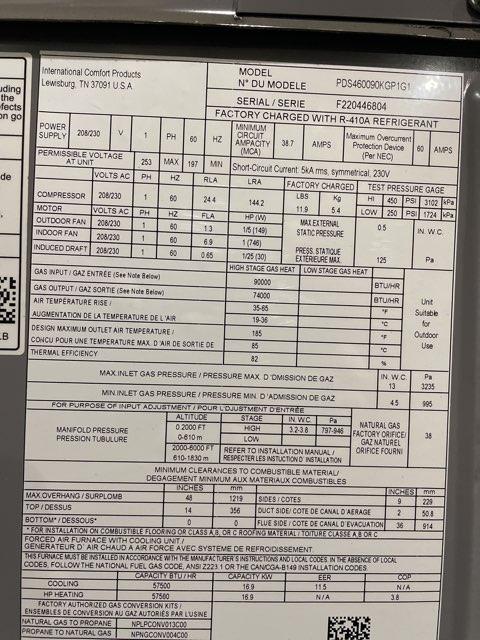 5 Ton 1-Stg Convertible ECM Low Nox Dual Fuel HP Packaged Unit, 80.3% 14.5 SEER, 208-230/60/1, R410A