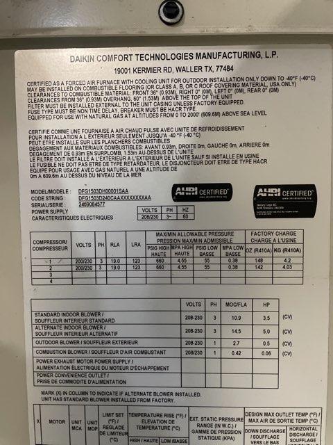 12.5 Ton Two-Stage Convertible Natural Gas/Electric Packaged Unit, 11 EER, 208-230/60/3, R410A