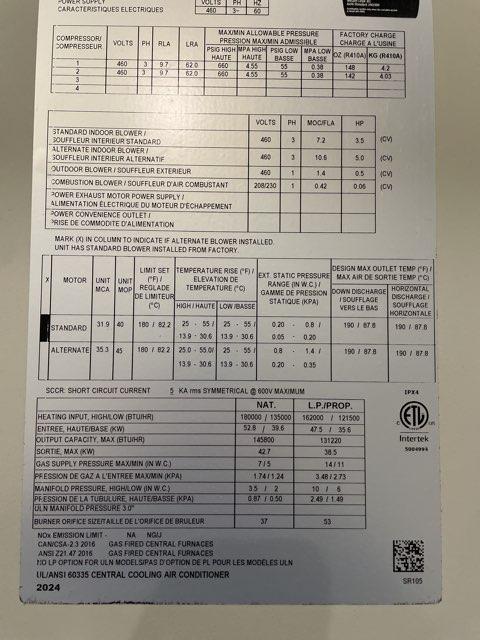 12.5 Ton Two-Stage Convertible Natural Gas/Electric Packaged Unit, 11 EER, 460/60/3, R410A