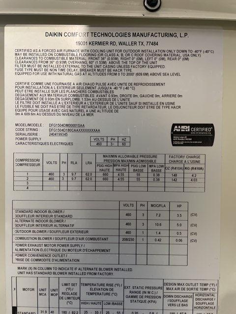12.5 Ton Two-Stage Convertible Natural Gas/Electric Packaged Unit, 11 EER, 460/60/3, R410A
