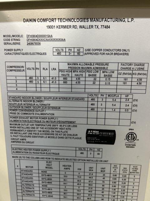 7.5 Ton Two-Stage Convertible Packaged Heat Pump Unit, 11 EER, 460/60/3, R410A