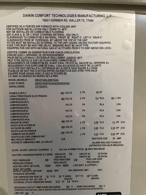 6 Ton Two-Stage Convertible Natural Gas/Electric Packaged Unit, 12.1 EER, 460/60/3, R410A