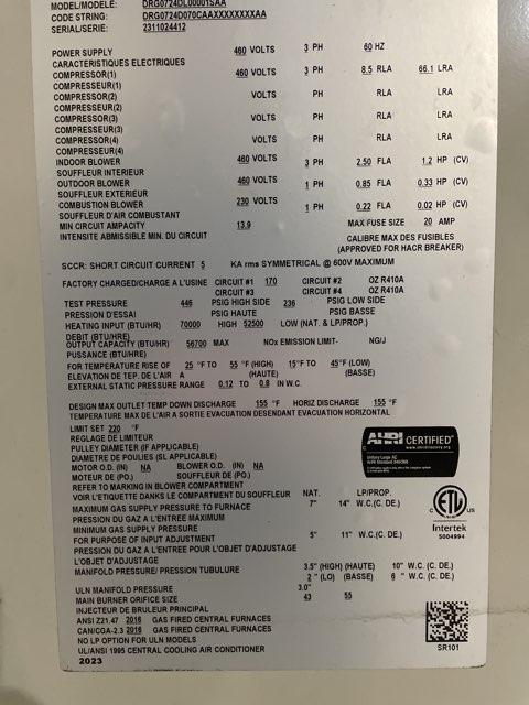 6 Ton Two-Stage Convertible Natural Gas/Electric Packaged Unit, 12.1 EER, 460/60/3, R410A