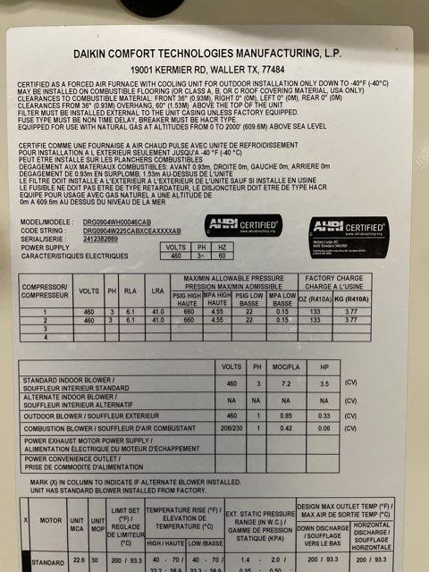 7.5 Ton Two-Stage Convertible Natural Gas/Electric Packaged Unit, 12.2 EER, 460/60/3, R410A