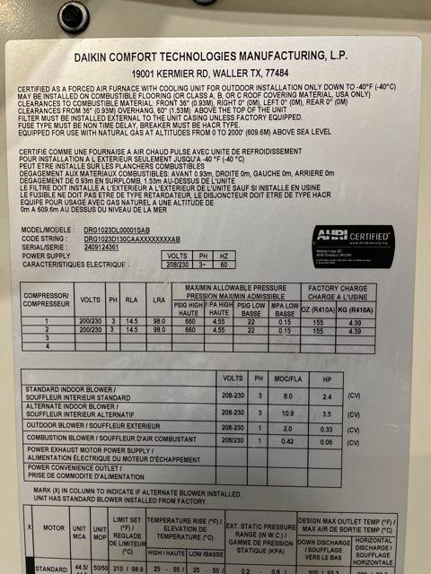 8.5 Ton Two-Stage Convertible Natural Gas/Electric Packaged Unit, 12.2 EER, 208-230/60/3, R410A