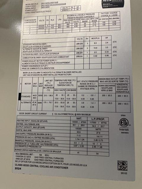 8.5 Ton Two-Stage Convertible Natural Gas/Electric Packaged Unit, 12.2 EER, 208-230/60/3, R410A