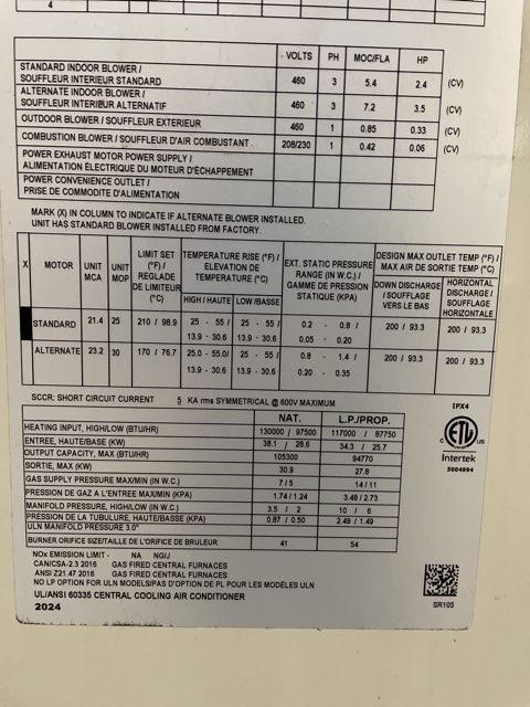 8.5 Ton Two-Stage Convertible Natural Gas/Electric Packaged Unit, 12.2 EER, 460/60/3, R410A