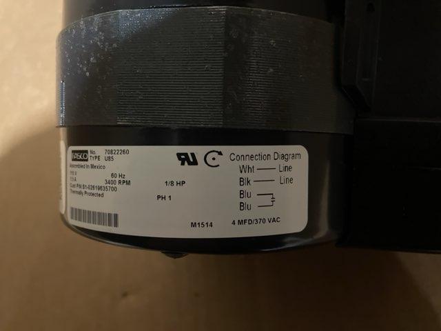 1/8 HP Inducer Vent Motor 115/60/1, 1.5 Amps RPM: 3400