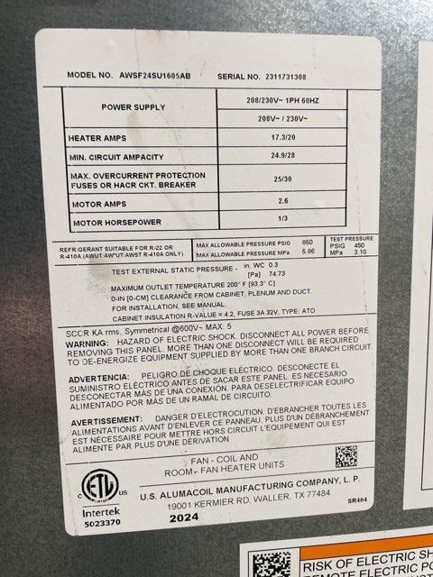 2 Ton AC/HP ECM Wall Mounted Air Handler With 5 KW Heat, 208-230/60/1 R22/R-410A CFM 846