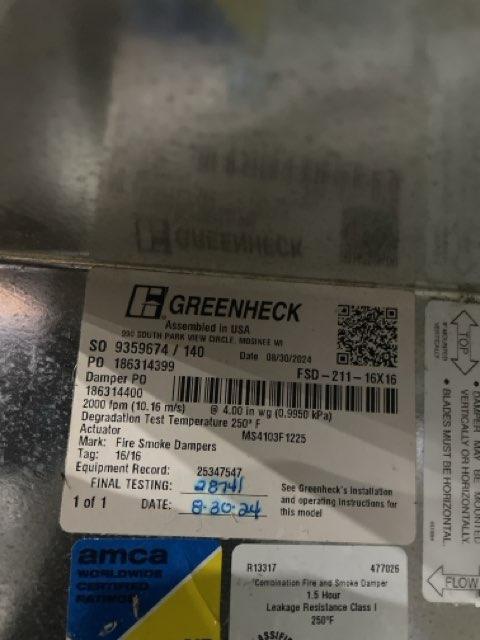 Honeywell Fire Damper 16" X 16",  50-60 Hertz, 120-230volts, 1 Phase