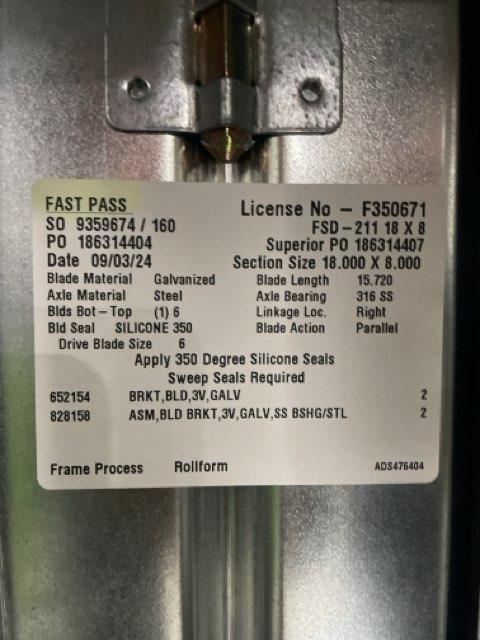 Electronic Fire Damper 18" X 8", 50-60 Hertz, 120-230volts, 1 Phase