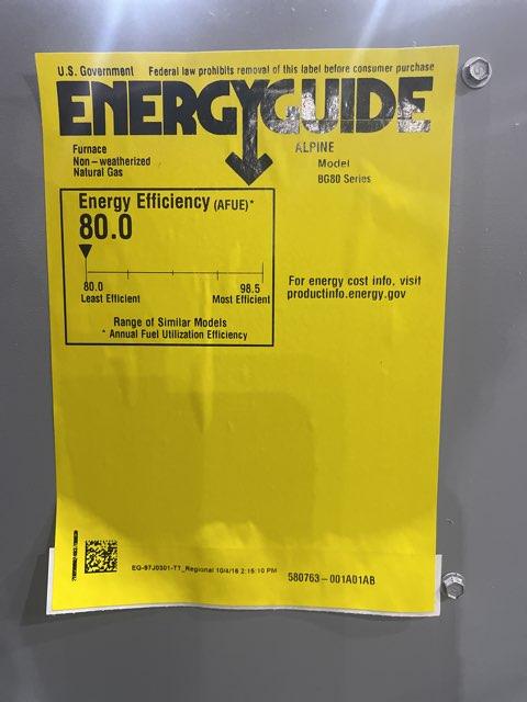66,000 BTU Upflow/Horizontal Gas Furnace 80% 120/60/1 CFM: 1335