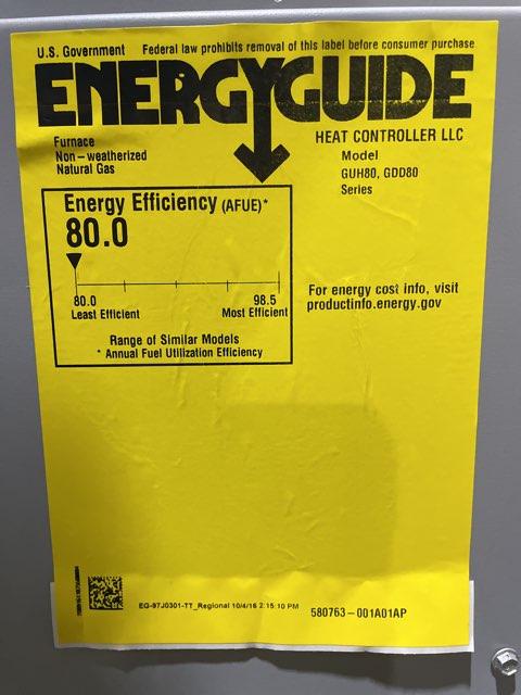 110,000 BTU Single-Stage Upflow/Horizontal ECM Multi Speed Gas Furnace 80% AFUE 120/60/1 CFM: 2420