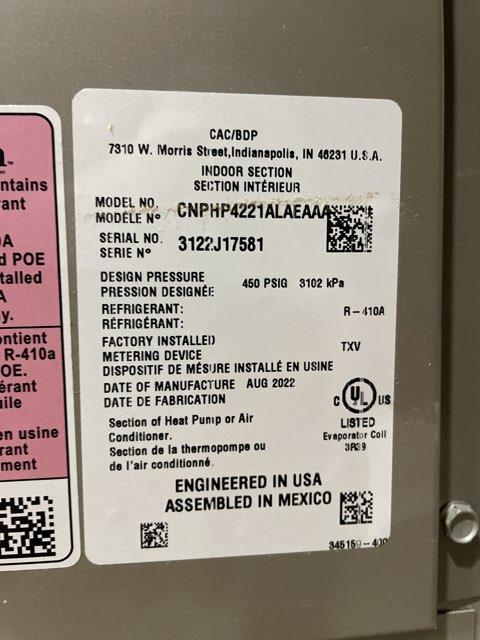 3.5 Ton AC/HP Horizontal Cased N Coil, R410A CFM 1750