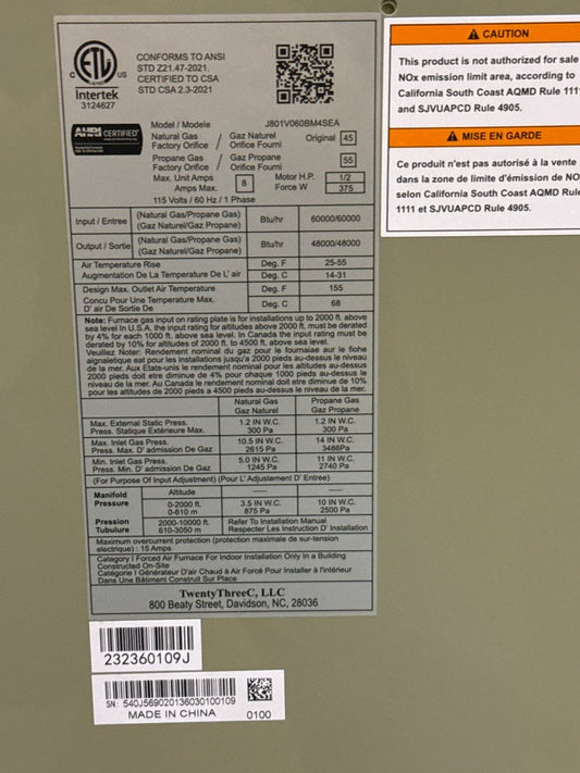 60,000 BTU Single-Stage Multiposition ECM Variable Speed Gas Furnace 80% AFUE 115/60/1 CFM: 1600