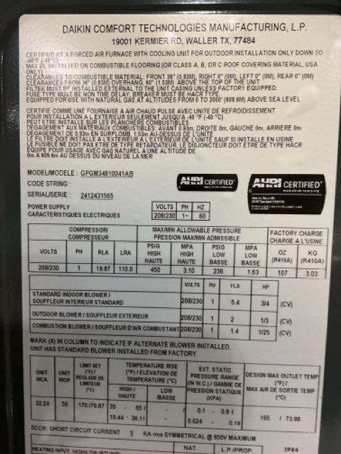 4 Ton Single-Stage Convertible Natural Gas/Electric Packaged Unit, 13.4 SEER2, 208-230/60/1, R410A