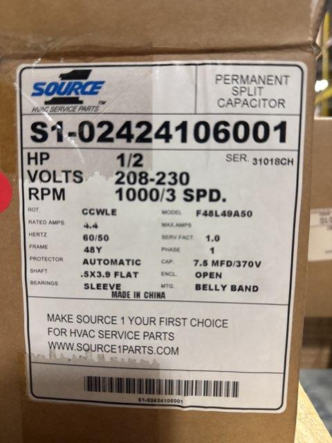 1/2 HP Blower Motor 230/60/1 1000 Rpm 3 Speed