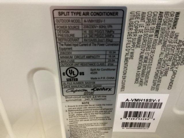 18,000 BTU Single-Zone Outdoor Inverter Heat Pump Mini Split Unit, 21.5 SEER 208-230/60/1 R-410A