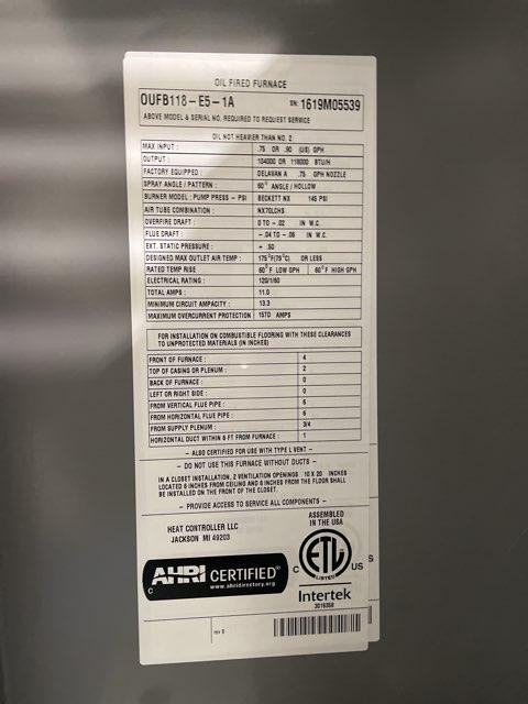 141,000 BTU Single-Stage Upflow ECM Variable Speed Oil Furnace 85% AFUE 120/60/1 CFM: 2000