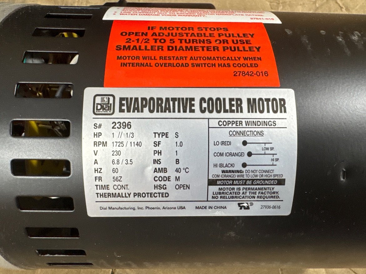 1 HP Fan Motor 230/60/1 1725 Rpm 2 Speed