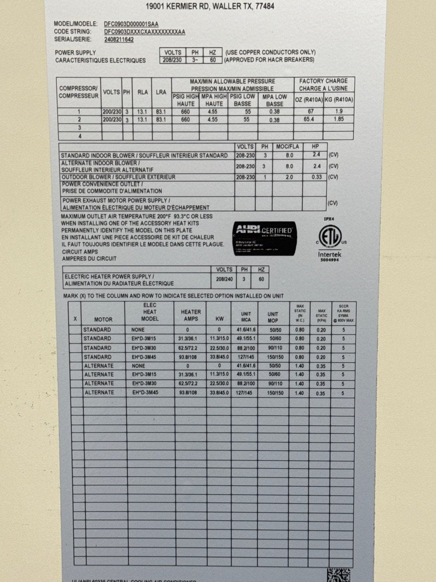 7.5 Ton Two-Stage Convertible Packaged Air Conditioning Unit, 11.2 EER, 208-230/60/3, R410A