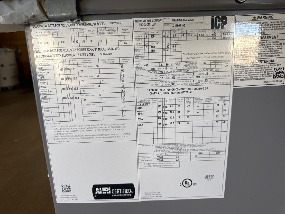 3 Ton Two-Stage Convertible Packaged Heat Pump Unit, 16.2 SEER, 460/60/3, R410A