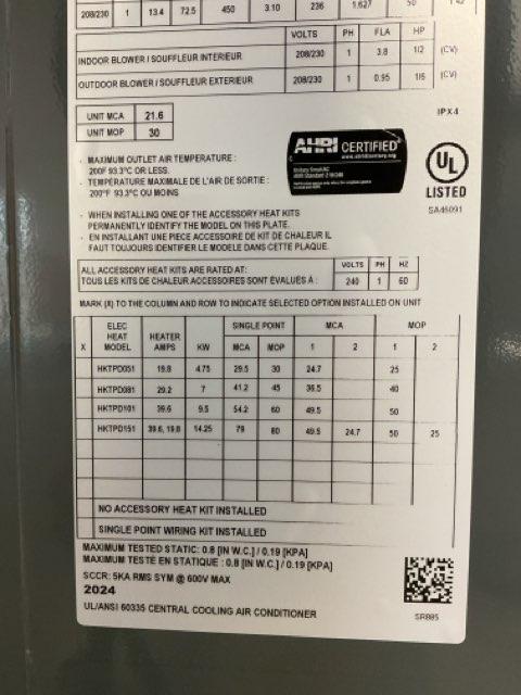 2.5 Ton Single-Stage Horizontal Packaged Air Conditioning Unit, 13.4 SEER2, 208-230/60/1, R410A