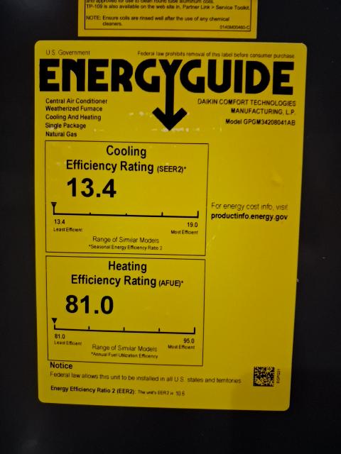 3.5 Ton Low NOx Single-Stage Convertible Natural G/E Packaged Unit, 13.4 SEER2, 208-230/60/1, R410A