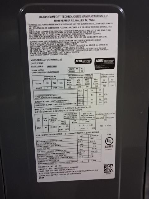 3.5 Ton Low NOx Single-Stage Convertible Natural G/E Packaged Unit, 13.4 SEER2, 208-230/60/1, R410A