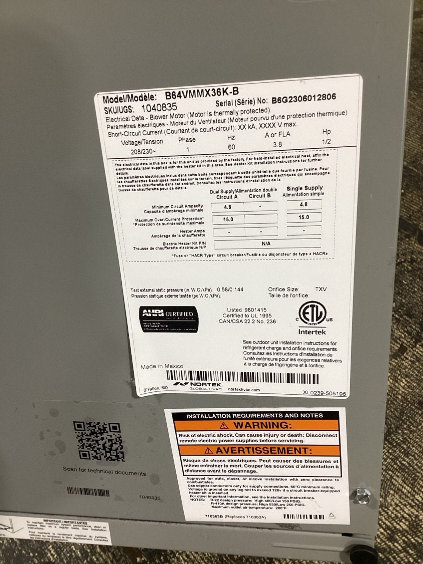 3 Ton AC/HP ECM Multiposition Air Handler 208-230/60/1 R-410A CFM 1600