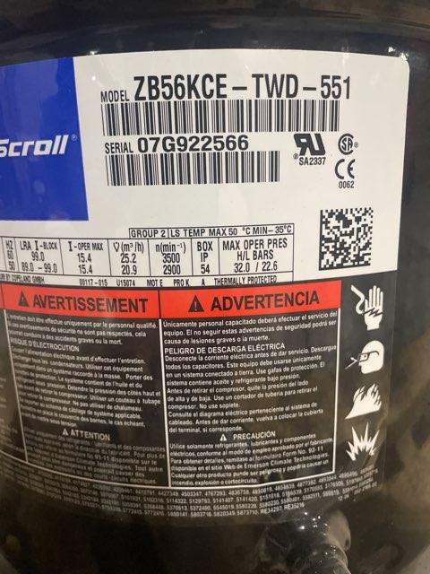 4.5 Ton Single-Stage Refrigeration Scroll Compressor 460/60/3 R404A