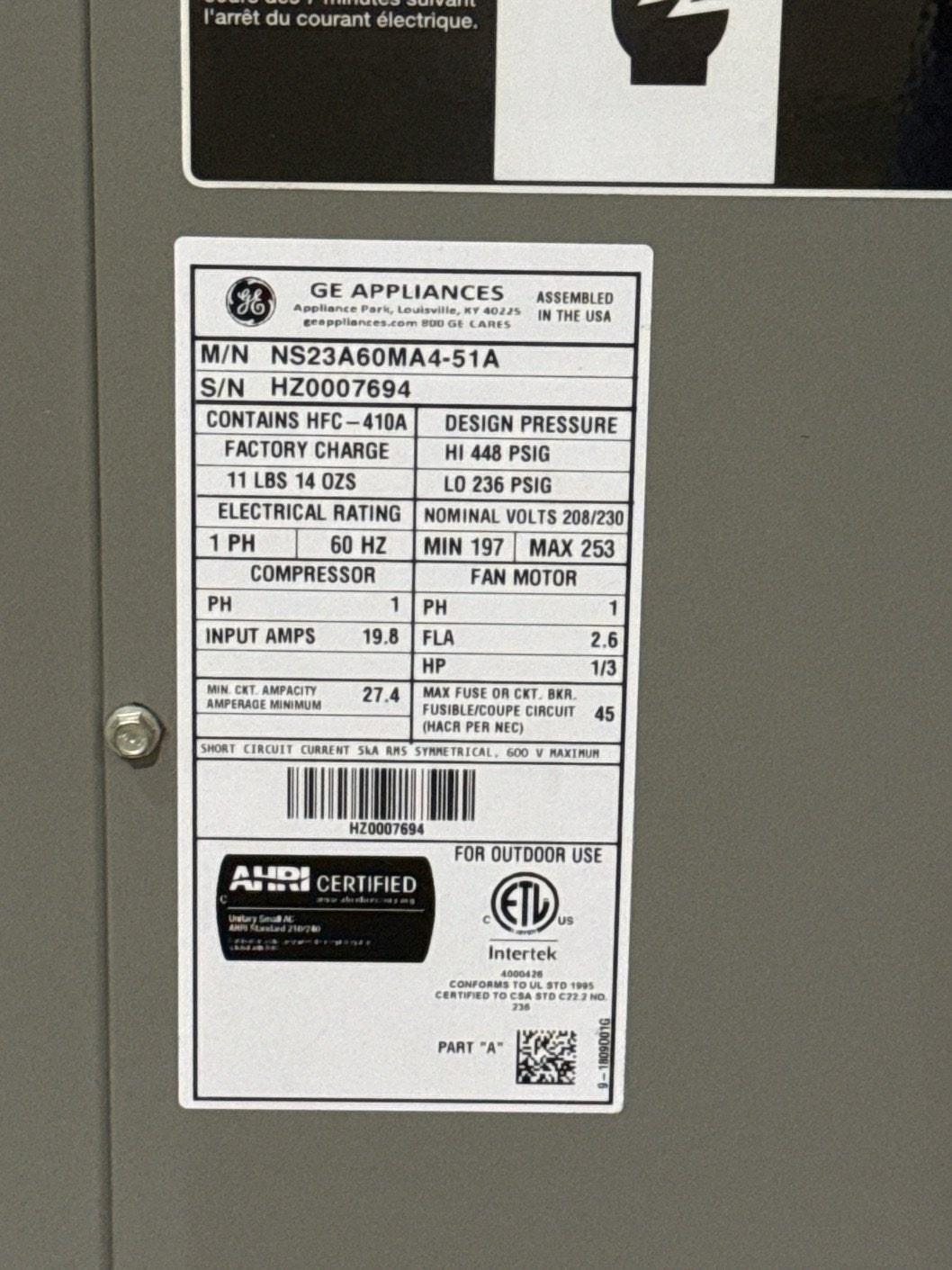 5 Ton Inverter Split-System Air Conditioner 208-230/60/1 R410A 23 SEER