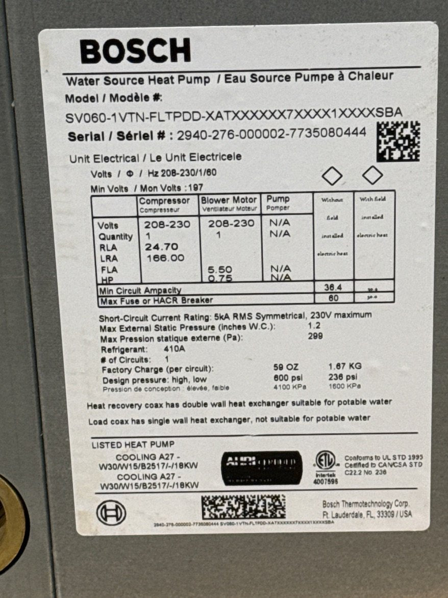 5 Ton Single-Stage PSC Vertical Geothermal Heat Pump 208-230/60/1 R410A 15.8 EER