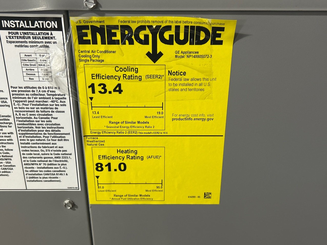5 Ton Ultra Low NOx Single-Stage Convertible Natural G/E Packaged Unit, 14 SEER, 208-230/60/1, R410A
