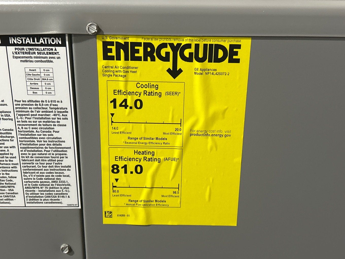 3.5 Ton Low NOx 1-Stage Convertible Natural Gas/Electric Packaged Unit, 14 SEER, 208-230/60/1, R410A