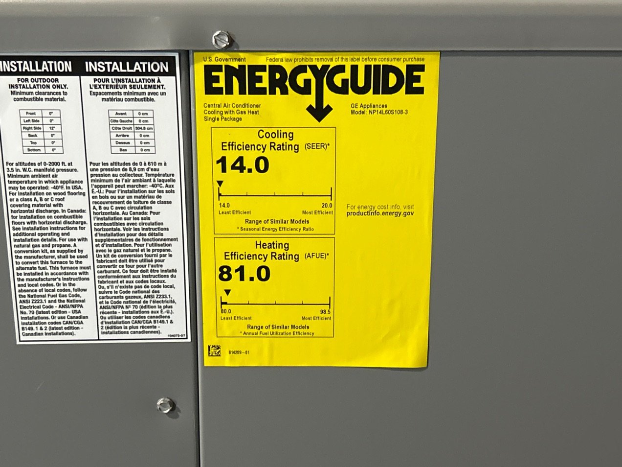 5 Ton Low NOx 1-Stage Convertible Natural Gas/Electric Packaged Unit, 14 SEER, 208-230/60/1, R410A