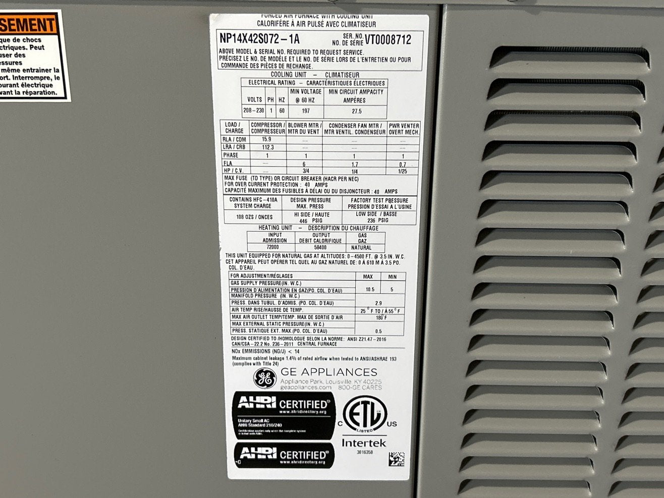3.5 Ton Ultra Low NOx 1-Stage Convertible Natural G/E Packaged Unit, 14 SEER, 208-230/60/1, R410A