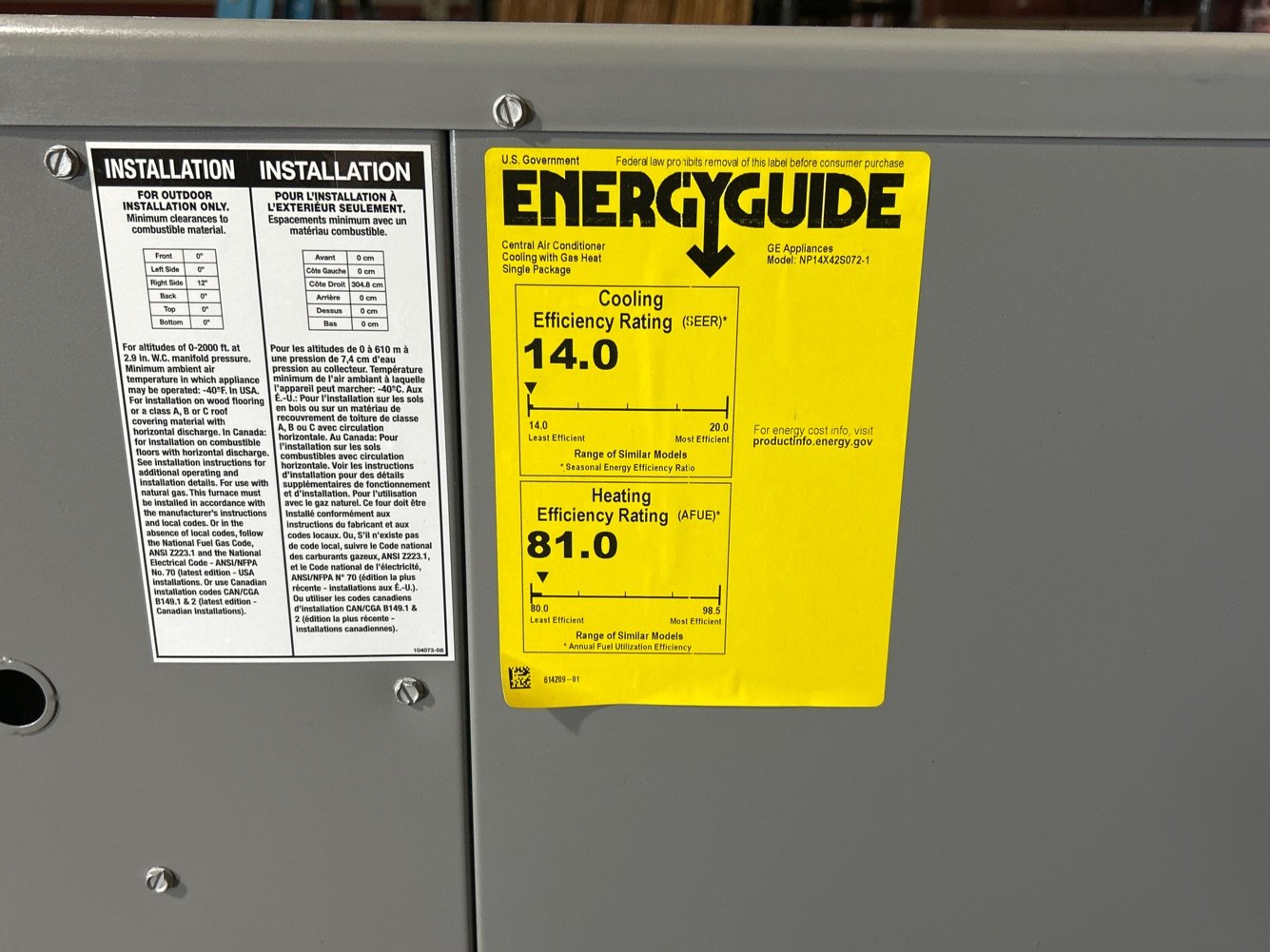 3.5 Ton Ultra Low NOx 1-Stage Convertible Natural G/E Packaged Unit, 14 SEER, 208-230/60/1, R410A