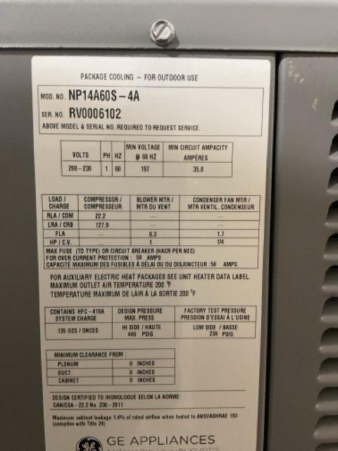 5 Ton Single-Stage Convertible Packaged Air Conditioning Unit, 14 SEER, 203-280/60/1, R410A